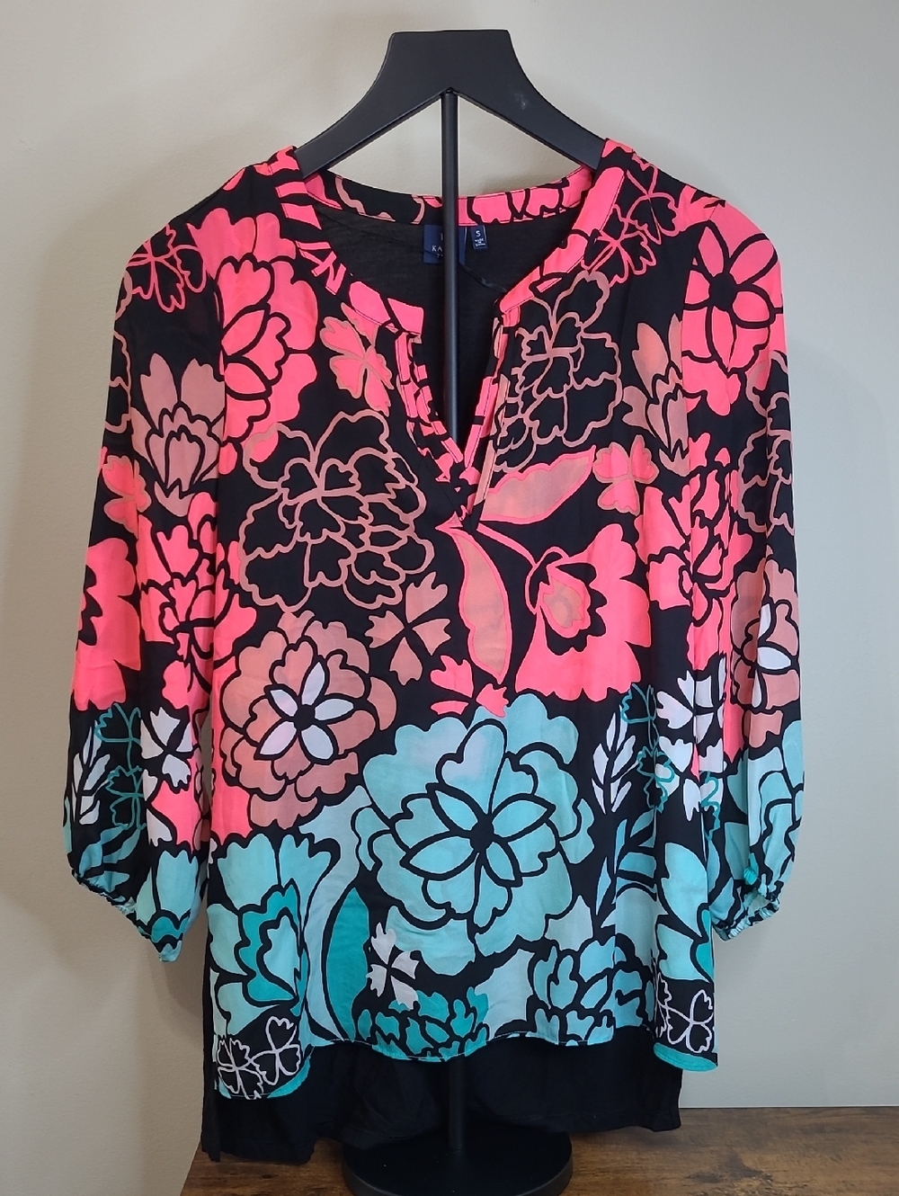Kaari Blue Black Blouse with Bright Pink & Teal Blue Floral Print Blouse size S